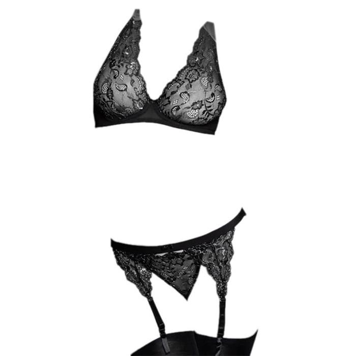NEW B204 Set Pakaian Dalam Wanita BH Bra Bralette CD Garter Belt Hitam Lace Transparan Motif