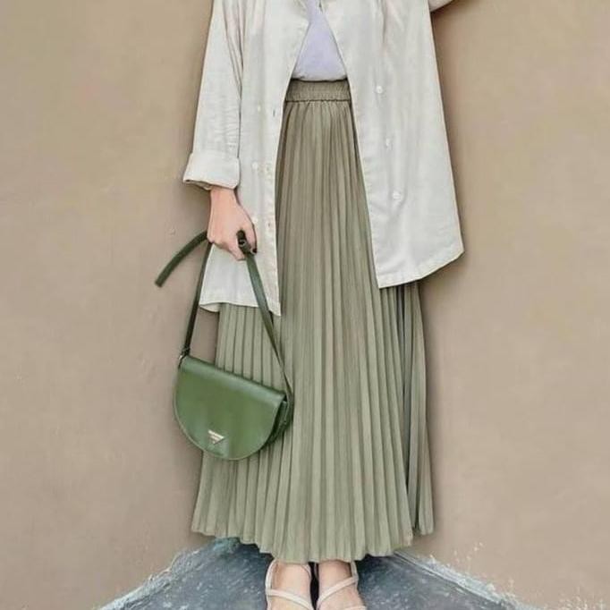 ORIGINAL Terbaru Warna Hijau Daun Gold Rok Plisket Panjang Premium READY STOCK