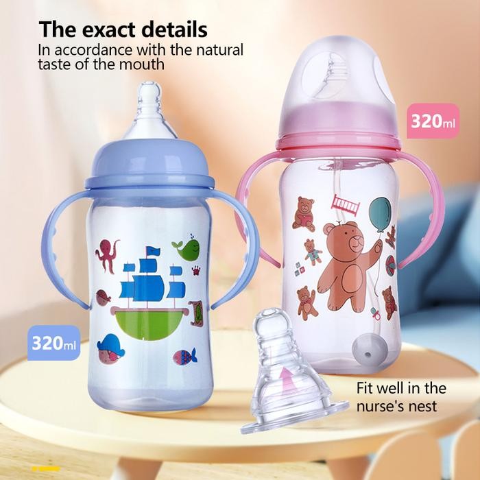320ml Botol Dot Mulut Lebar Polka Dot Susu dengan Pegangan Dot Silikon Polka Dot Botol Mulut Lebar