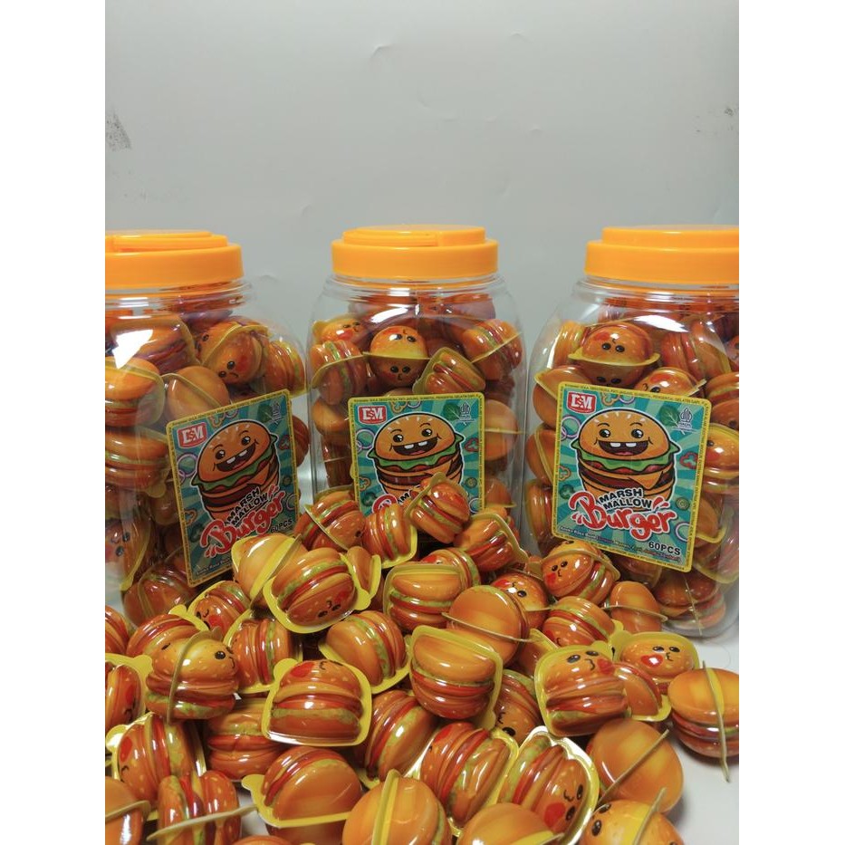 

Marshmallow Burger 1 Toples isi 60 Pcs aneka Rasa Buah Permen Viral Cemilan Snack Food DSM HALAL
