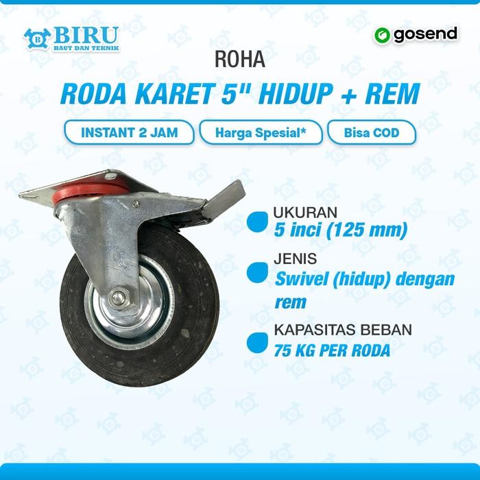 Roda Troli 5" hidup rem roda karet roda etalase roda gerobak roda trolley 5 inch