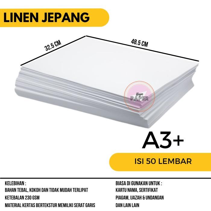 

Kertas Linen Jepang A3 Plus (32.5cm x 48.5cm) 230 gsm isi 50 lembar