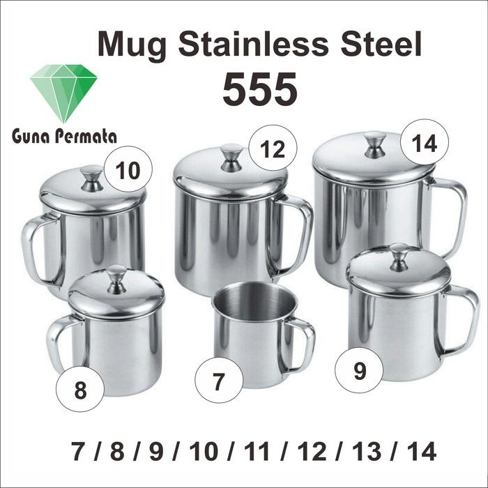 555 Mug Stainless Steel Jumbo Besar 14 cm 12 cm 9 cm + Tutup Cangkir *