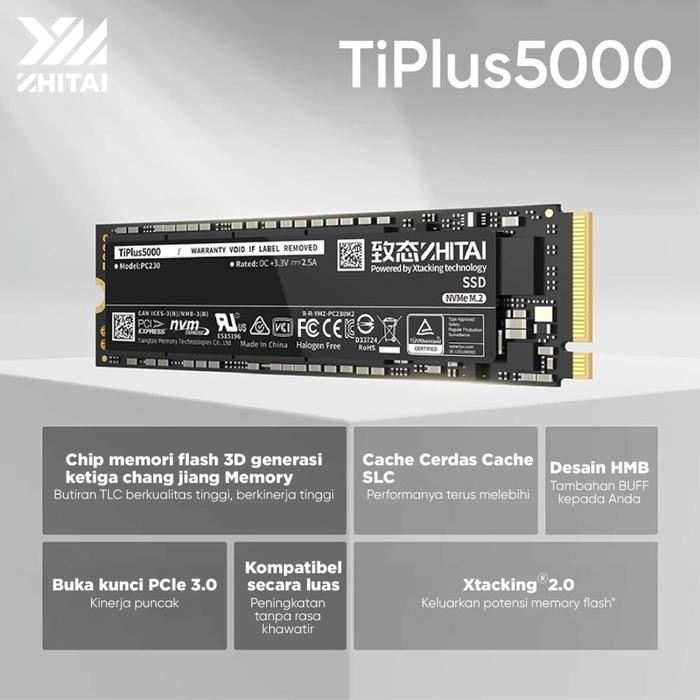 SSD M2 NVME ZHITAI TIPlus5000 / ZHITAI SSD TIPlus5000 NVMe 2280 PCIe Gen 3 Garansi 5 Tahun