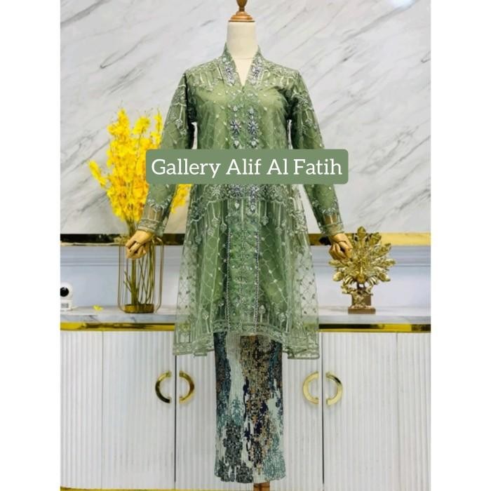 Tunik kebaya sheina brukat payet mewah M L XL XXL biru denim OC