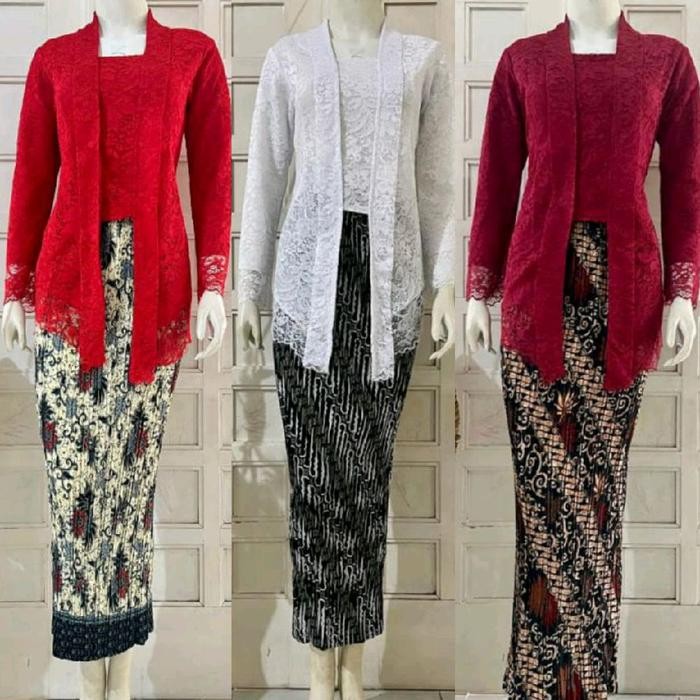 Set Kebaya Merah Putih Baju Kebaya Kutubaru Brukat Modern Untuk Agustusan Lengan Panjang Atasan