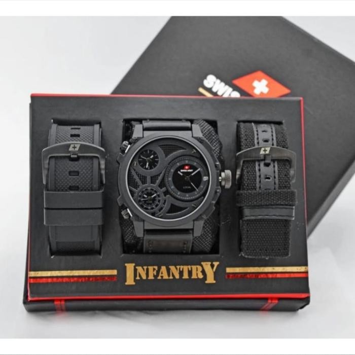 Jam Tangan Pria Swiss Army Infanty Paket Free 2 Tali Kanvas Kulit Watches
