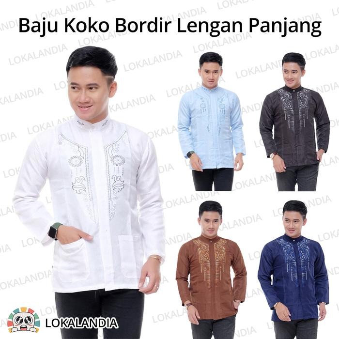 B081 Baju Koko Lengan Panjang Bordir Klasik Polos Putih Warna Takwa Muslim