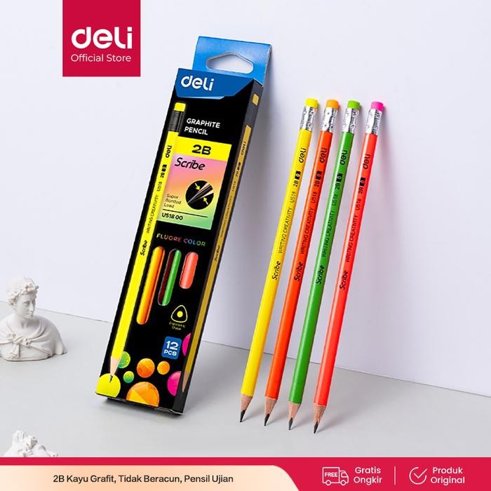 

X689 Deli Eu51800 Grafit Pensil Kayu 12 Pcs/Box 4 Warna Dengan Penghapus