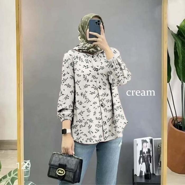 Blouse Atasan Wanita Oversize Blus Motif Bunga Lengan Panjang Olive