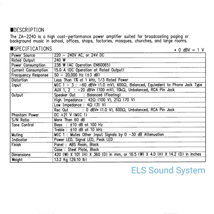AMPLIFIER TOA ZA-2240 AMPLIFIER TOA 240 WATT