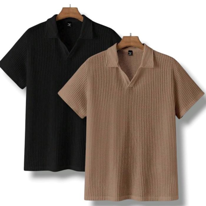 Paket 2 pcs Kaos polo lengan pendek pria V-neck waffle premium baju distro Kerah Atasan Cowok Dewasa