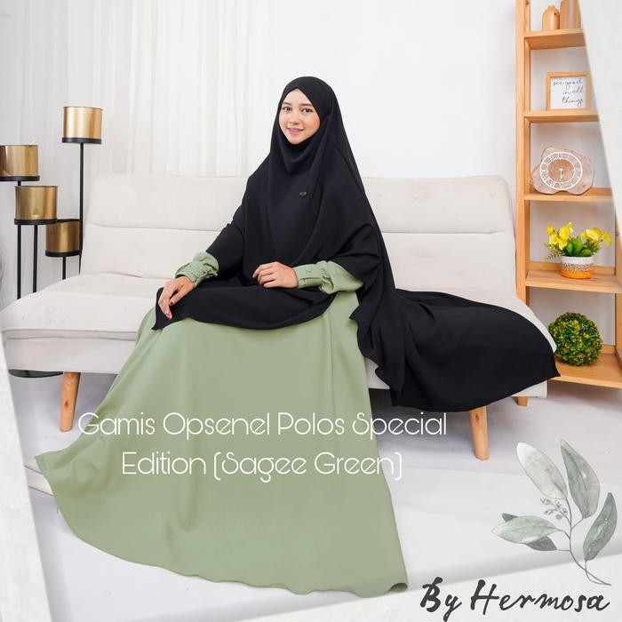 (Hermosa)Gamis Sage Green Polos Bahan Wollycrepe Premium-Gamis Hermosa Polos-Gami Syari Sage Green