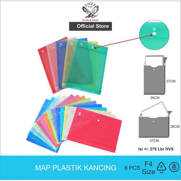 

EAGLE Map Plastik Kancing Bening~Opaque Folio (F4) / Map Dokumen /Data Bag H~V 6 PCS/Pack
