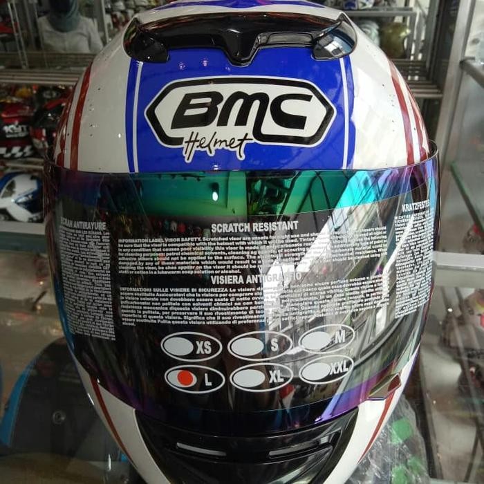 Helm Bmc Motif New Putih Lis Biru Merah
