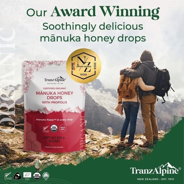 

Neww TRANZALPINE ORGANIC MANUKA HONEY LOZENGES MGO 550+ , 100g, individual wrapped 25 x 4gr Terlaris