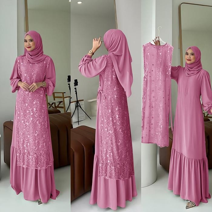 Sintia Dress Inner + Outer Brukat Tile Mutiara Mewah Oneset Gamis Kondangan Model Kekinian 2In 1