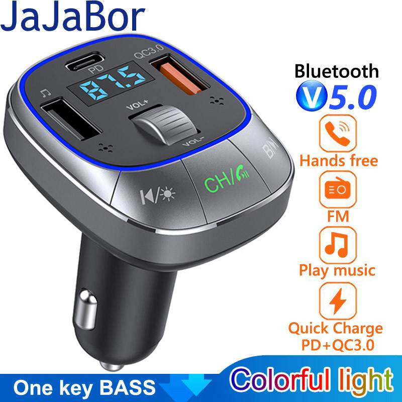BELI SEKARANG JaJaBor Car FM Transmitter Colorful Light USB C PD 30W 2 USB QC3.0 18W Fast Charging C
