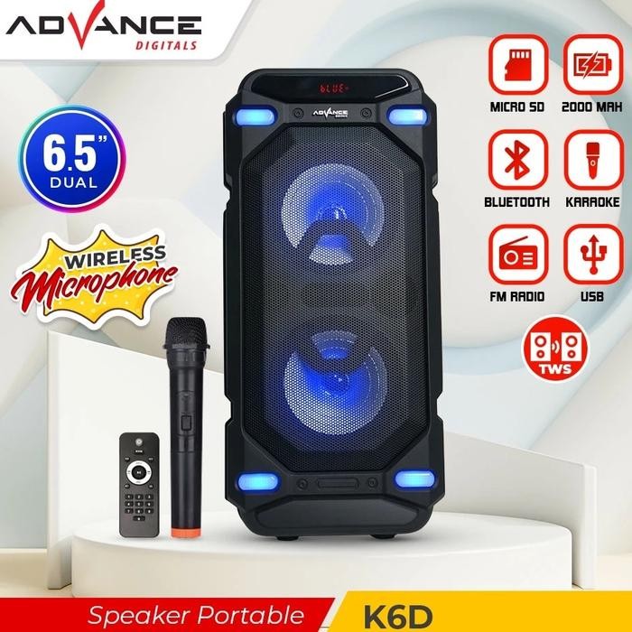 Advance K6D Speaker Bluetooth Hifi Karaoke Wireless Portable Super Bass Aktif BONUS Mic Wireless