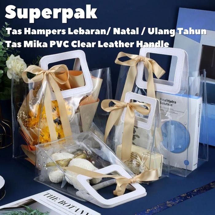 

(10pcs) 18x10x20 Tas Mika PVC Bening Transparan Gagang Kulit / Tas Souvenir Goodie Bag Ulang Tahun