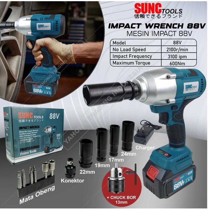 Terpopuler Sunc Tools Mesin Impact Wrench Baterai Kunci Shock 88V 88Vf + Chuck