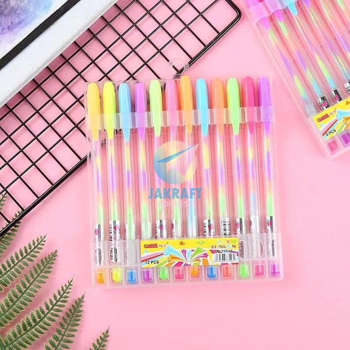 

New (12 Pcs) Set Pulpen Gel Pen Pelangi Warna Warni Lengkap Terang Cerah Fancy Korea Ballpoint