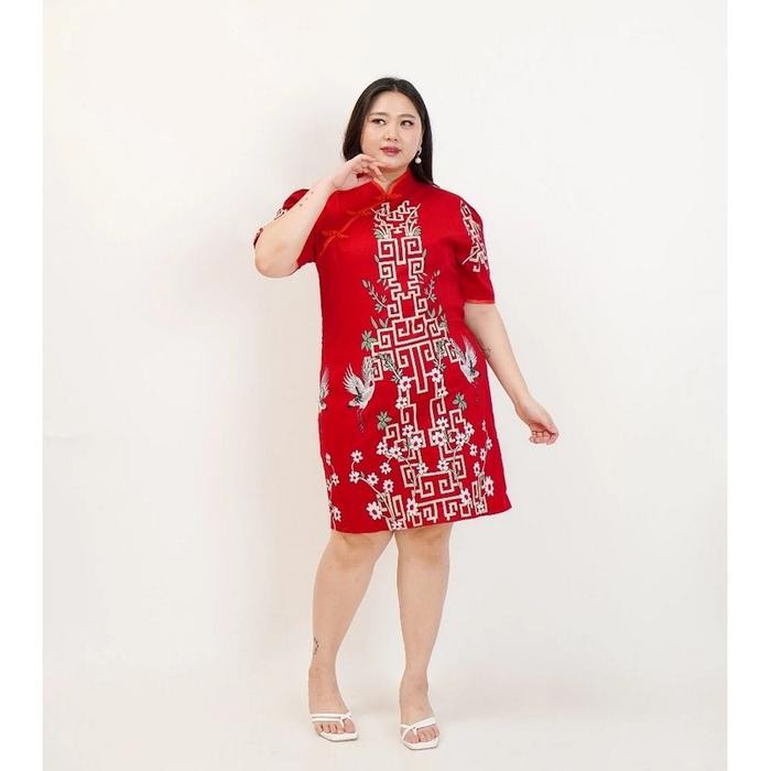 BAJU IMLEK DRESS WANITA JUMBO BIG SIZE 32 MERAH CHEONGSAM HAMIL PESTA