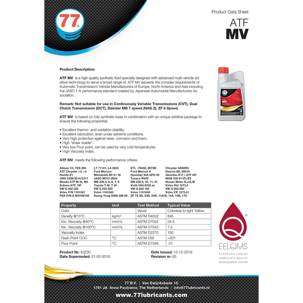 OLI MATIC 77 LUBRICANTS ATF MV (ZF 5 BMW) - PAIL 20 LITER