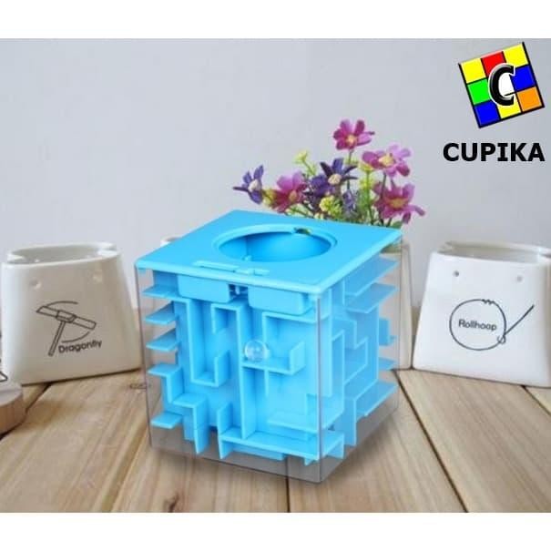 8KHY Cube 3X3 3D Maze Puzzle Biru Celengan Piggy Bank