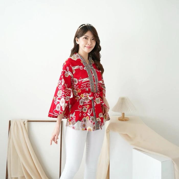 Blouse Batik Merah Wanita Lengan Panjang Baju Atasan Red Imlek Modern