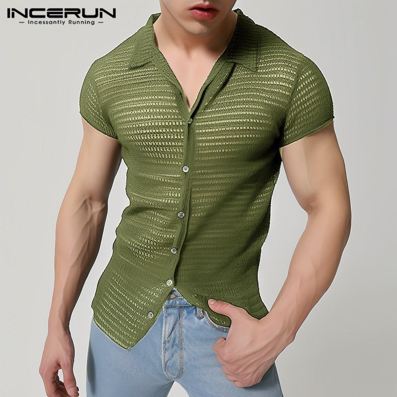 INCERUN Men Shirts 2024 Lapel Short Sleeve Mesh Transparent Hollow Out Men Clothing Streetwear Solid