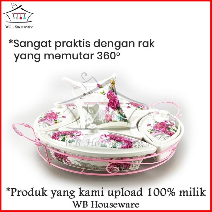 Fiorenza Prasmanan Putar Wadah Saji Keramik 17 Inch Motif Bunga + Rak Pink Rose Ak-765
