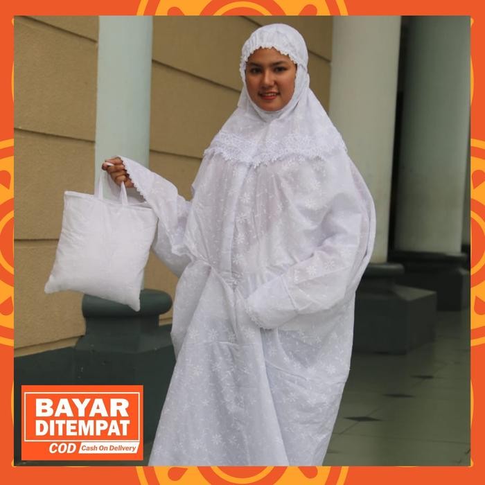 mukena dewasa terusan katun jepang prada putih polos bordir jumbo