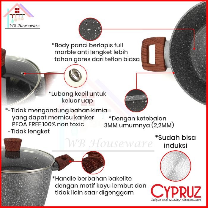 Cypruz Panci Tinggi + Tutup Kaca 20 & 24Cm Anti Lengket / Dutch Oven Marble Induction / Panci