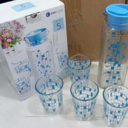 KIMGLASS SET TEKO DAN GELAS KACA 5 IN 1