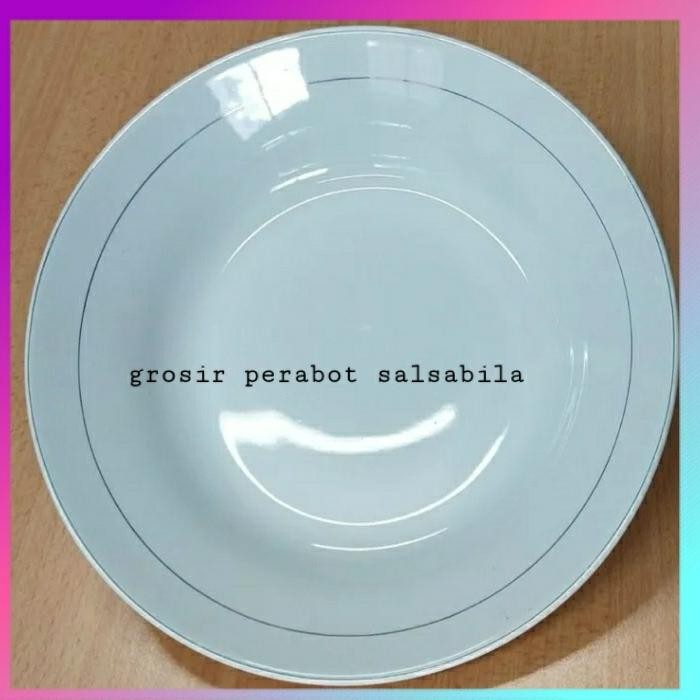 Piring makan kaca keramik beling putih lis emas ukuran 9 inch