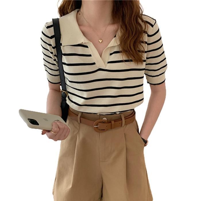 BLOUSE WANITA KOREA STRIPE Hitam Navy Baju rajut salur wanita Atasan knitwear basic