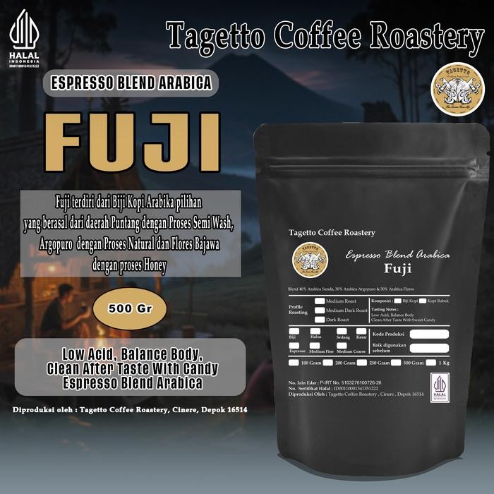 

BIJI KOPI ESPRESSO ARABIKA FUJI 500GR 100% FULL ARABICA BEAN GROUND BUBUK 500 GRAM TAGETTO COFFEE