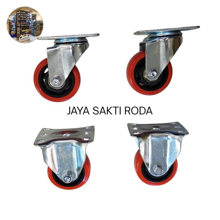 Roda Pu Merah 3 Inch 2Hidup 2Mati Gratisongkir
