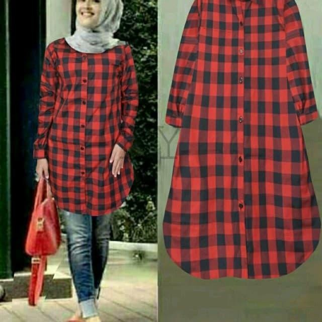 TUNIK KEMEJA ATASAN DRESS MUSLIM MOTIF KOTAK MERAH/ HITAM CATUR VISSY
