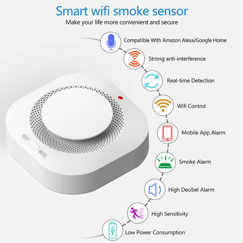 Wifi Smoke Detector Sensor 80DB Alarm Fire Smart Smoke Detector Wifi