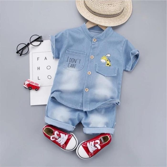 Setelan Baju Kemeja Denim Jerapah Anak Cowok (1-4 Tahun) Baju Anak Berkuaitas