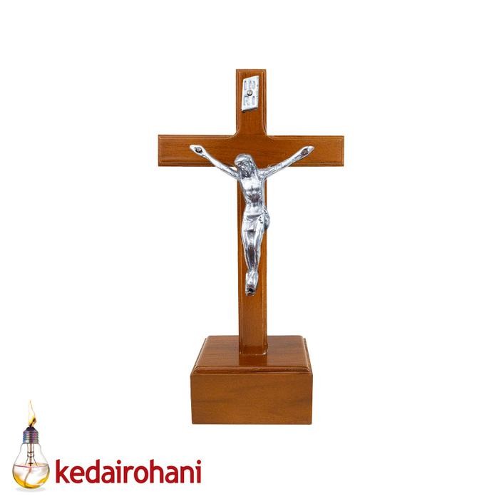 Salib Duduk Meja Kayu Corpus Patung Tubuh Yesus Inri Logam 17Cm