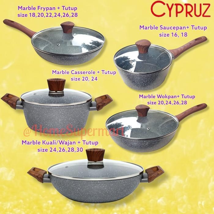 PREMIUM Cypruz Panci Marble Anti Lengket Panci Wajan Keramik Dengan Tutup Kaca