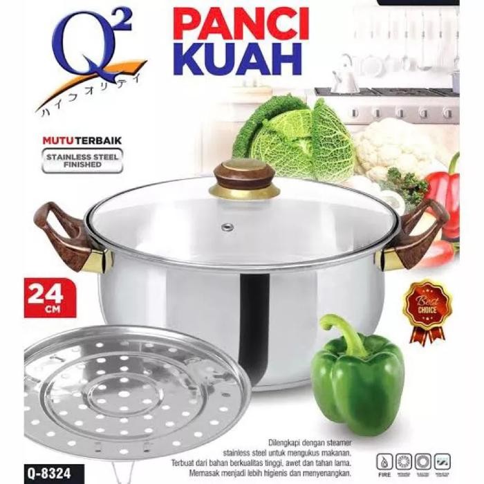 PREMIUM Panci Kukus Serbaguna Q2 8324 Panci Kuah Q2 8222 Tutup Kaca Stainless