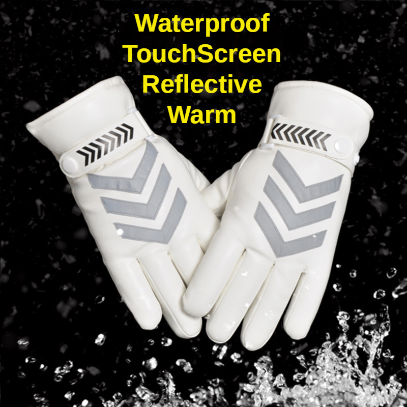 Winter PU Leather Motorcycle Gloves Waterproof Windproof Riding