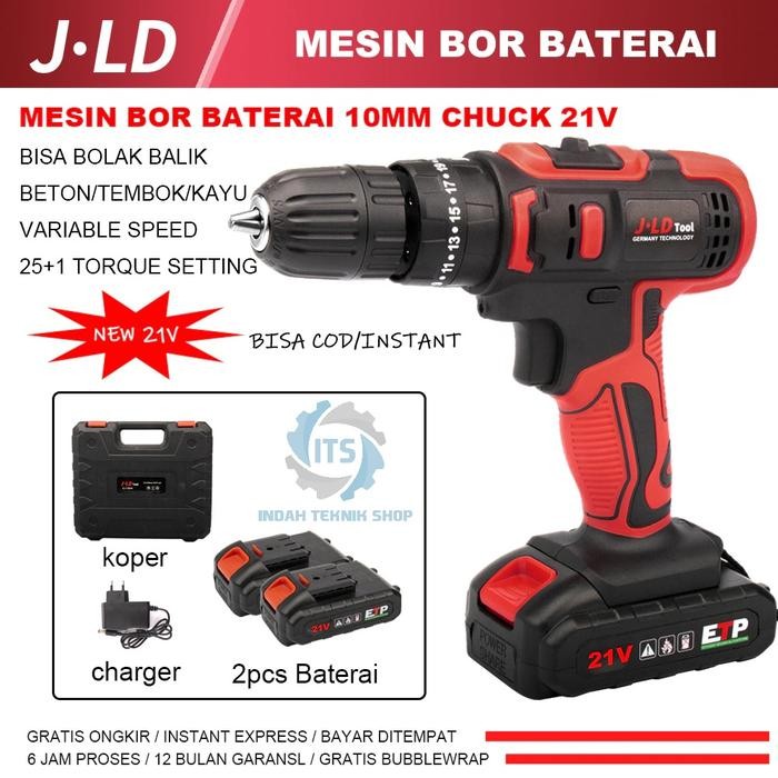 Promo Jld Mesin Bor 2 Baterai Cordless 21Vf Buat Tembok Beton Besi