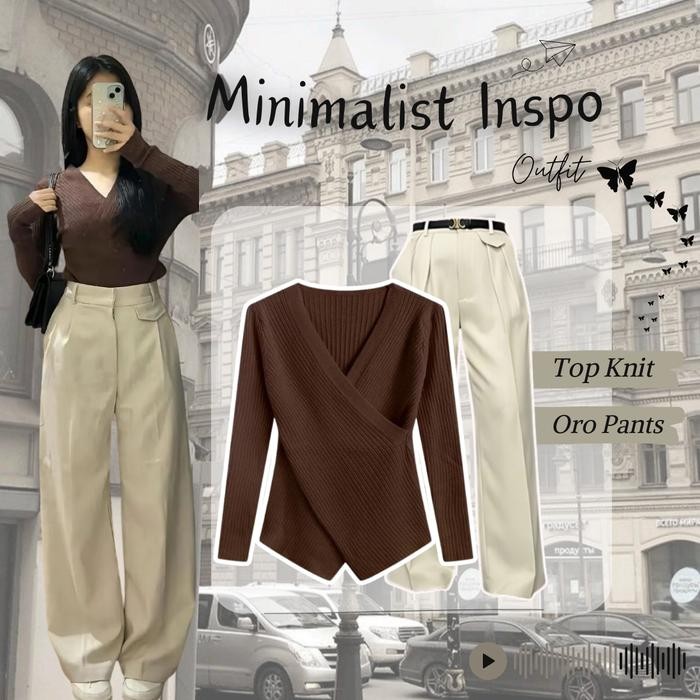 0ne Set Terbaru Outfit Wanita Ngampus - Atasan Knit Premium Coklat + Celana Oro Pants(RF0011)