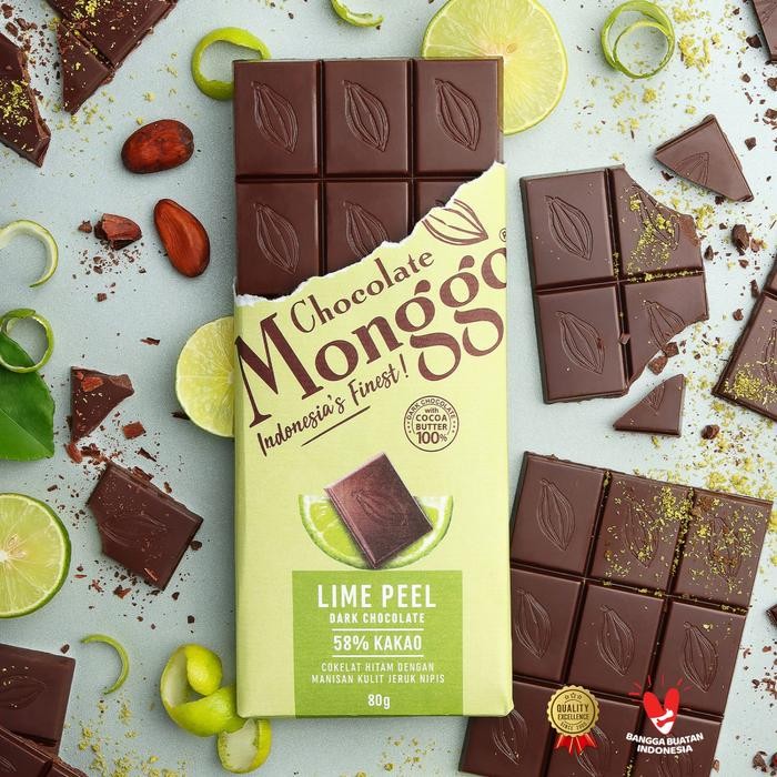 

Chocolate Monggo Lime Peel & Dark Chocolate 80gr Coklat Murni 100% Cacao Butter Cokelat Hitam &