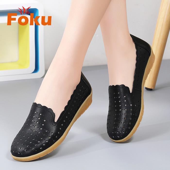 FOKU Sepatu Flat Wanita Sepatu Kulit Wanita Flatshoes Karet